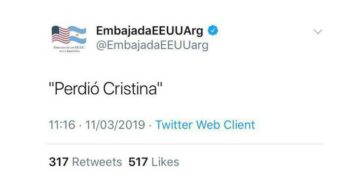 La Embajada de EEUU tuiteó que «perdió Cristina» y después se retractó