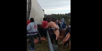 Se desfondó un camión con carne de cerdo y los vecinos se la llevaron