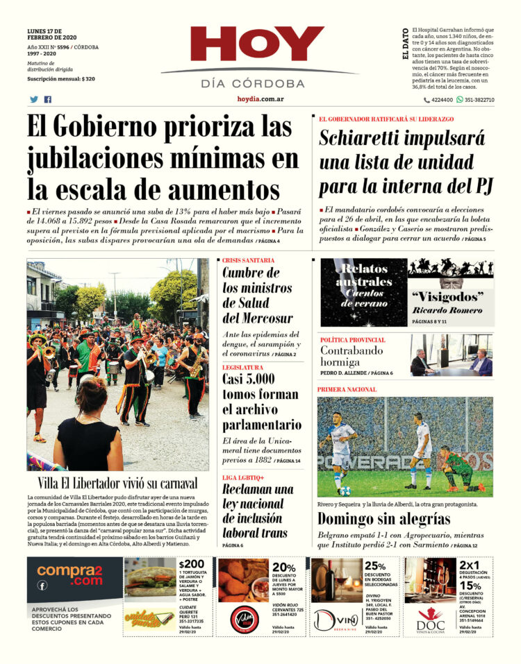 La tapa del lunes 17 de febrero de 2020