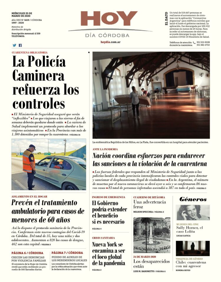 La tapa del miércoles 25 de marzo de 2020