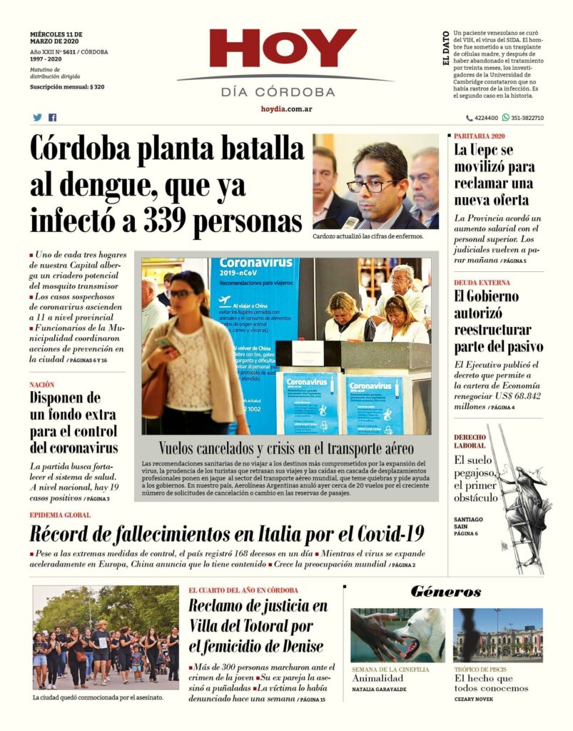 La tapa del miércoles 11 de marzo de 2020