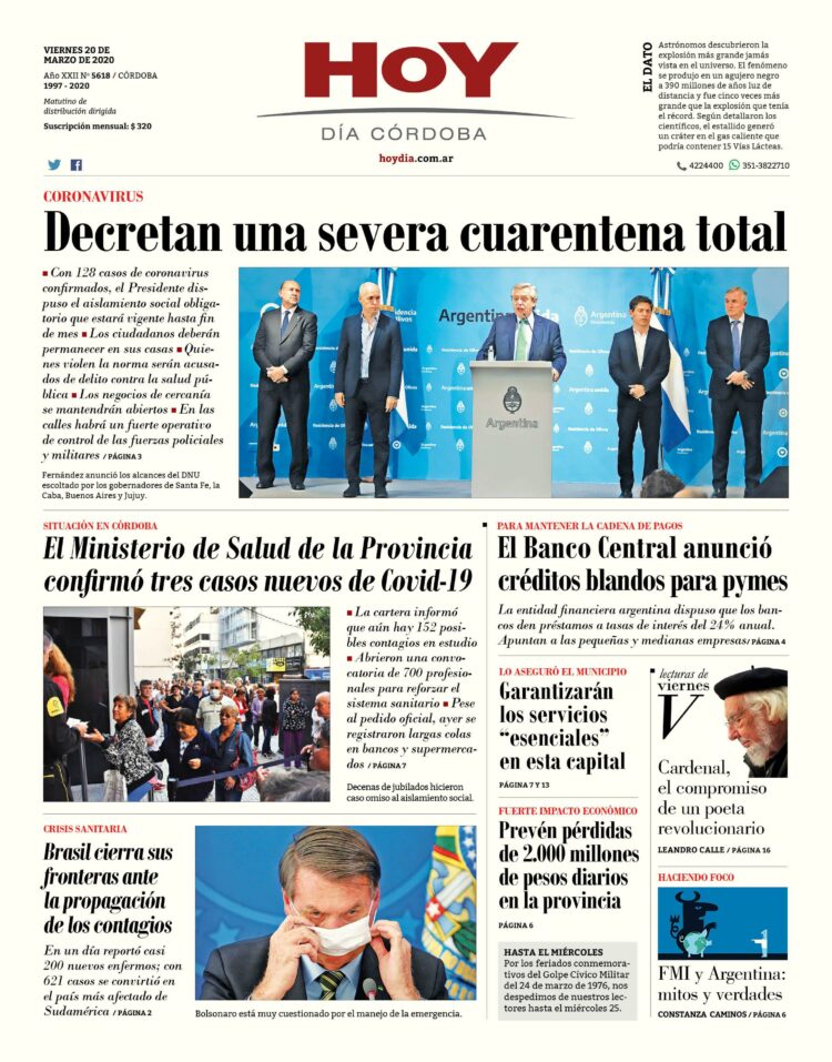 La tapa del viernes 20 de marzo de 2020