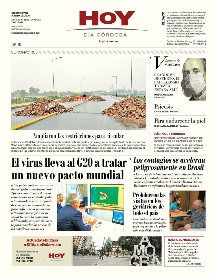 La tapa de este viernes 27 de marzo de 2020