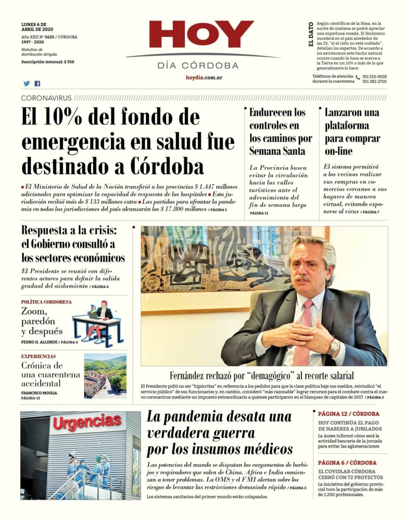 La tapa del lunes 6 de abril de 2020