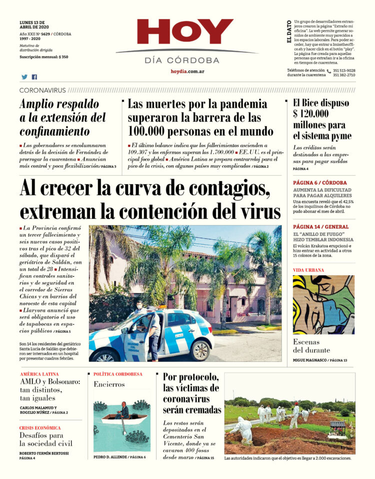 La tapa del lunes 13 de abril de 2020