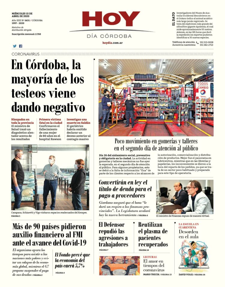 La tapa del miércoles 15 de abril de 2020