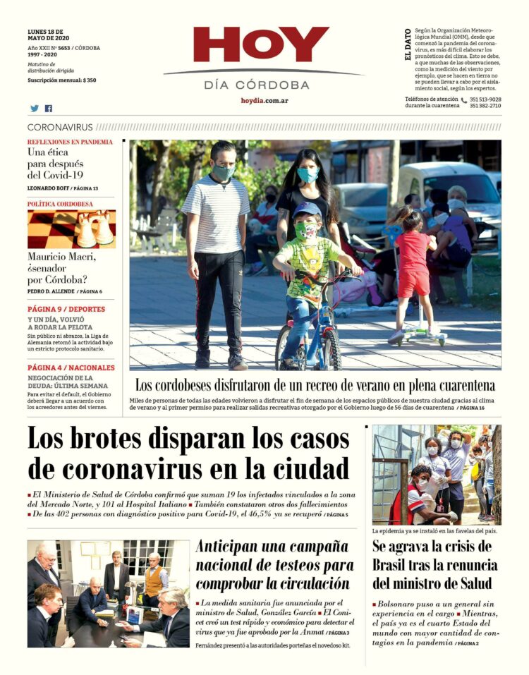La tapa del lunes 18 de mayo de 2020