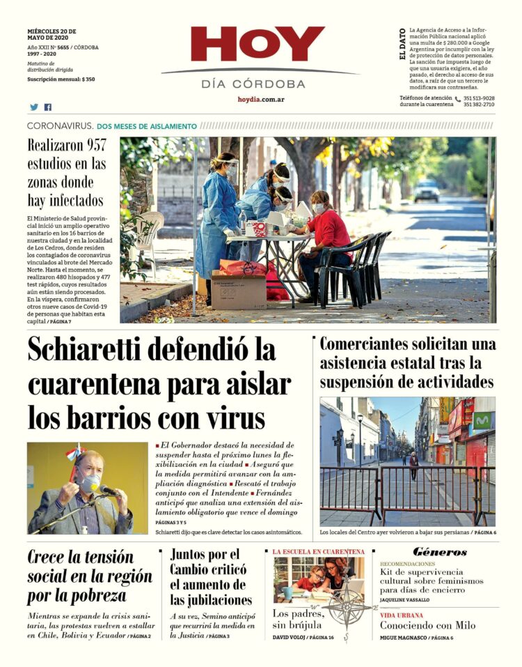 La tapa de este miércoles 20 de mayo de 2020