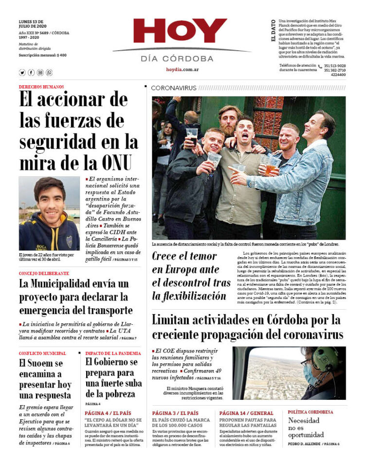 La tapa del lunes 13 de julio de 2020