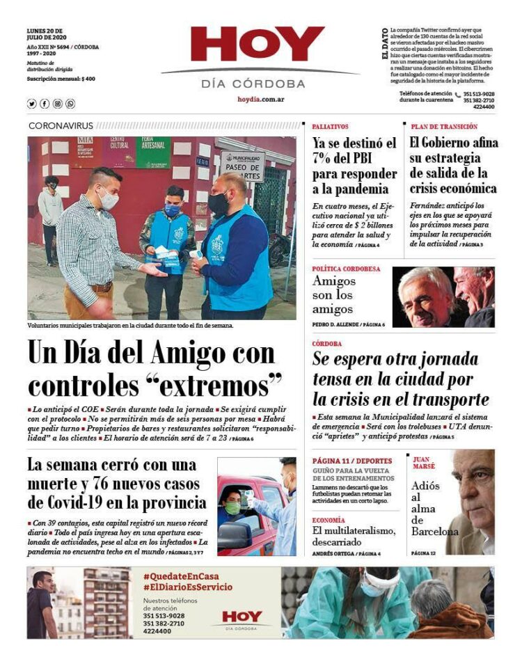 La tapa del lunes 20 de julio de 2020