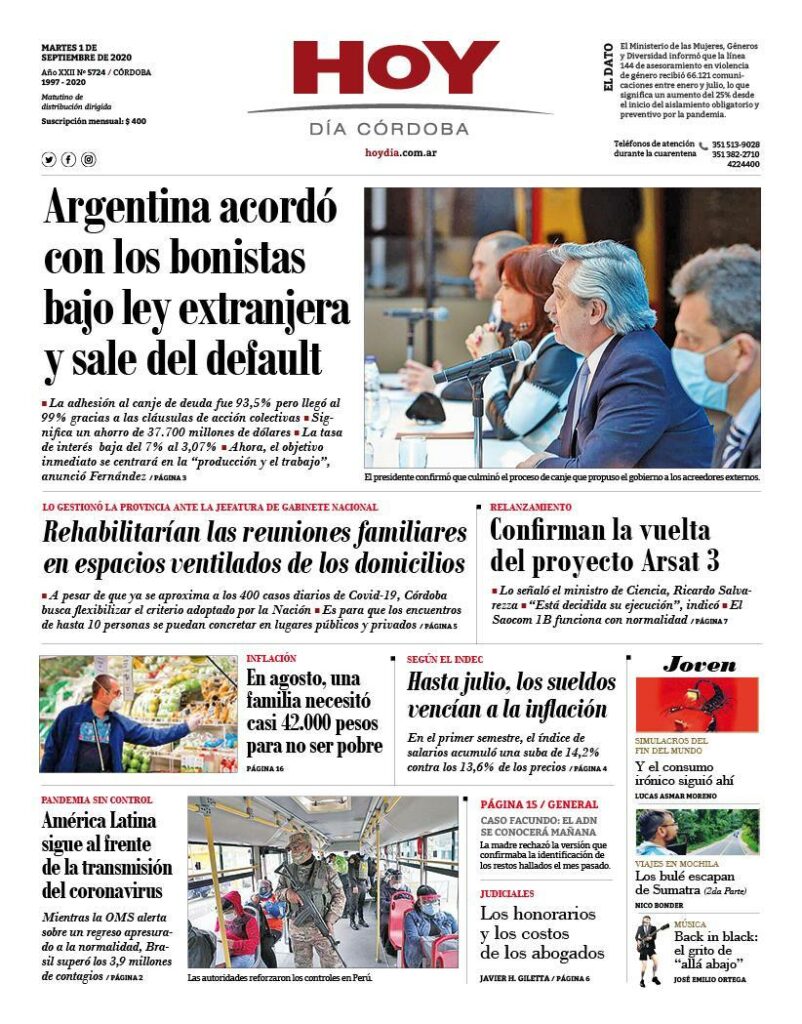 La tapa del martes 1 de septiembre de 2020