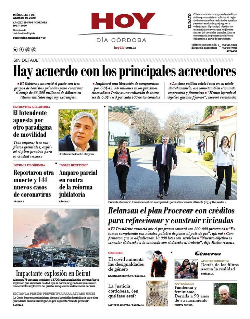 La tapa del miércoles 5 de agosto de 2020