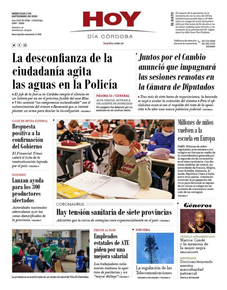 La tapa de este miércoles 2 de septiembre de 2020