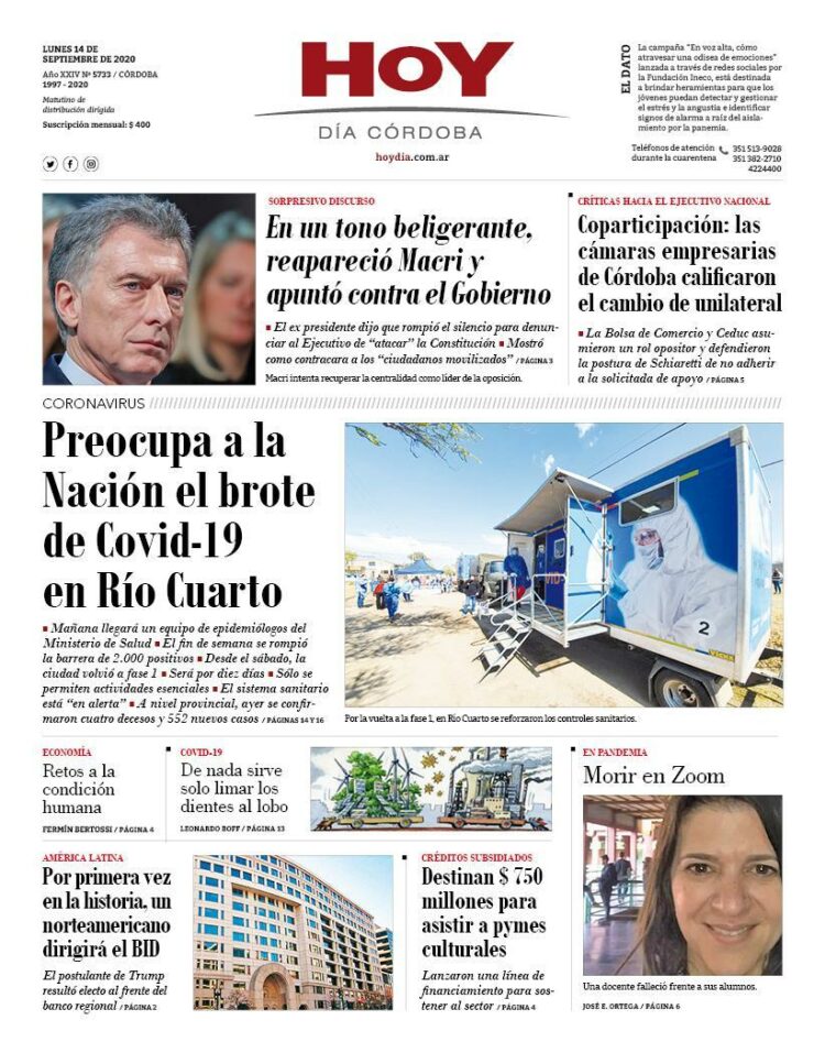 La tapa del lunes 14 de septiembre de 2020
