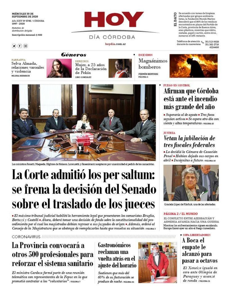 La tapa del miércoles 30 de septiembre de 2020