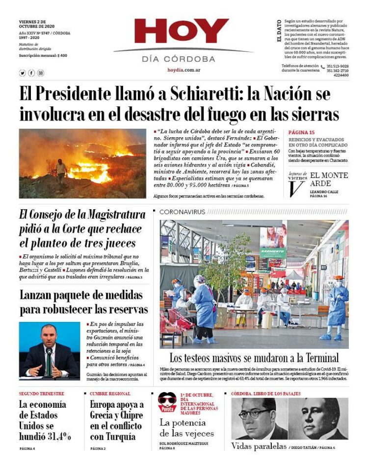 La tapa del viernes 2 de octubre de 2020
