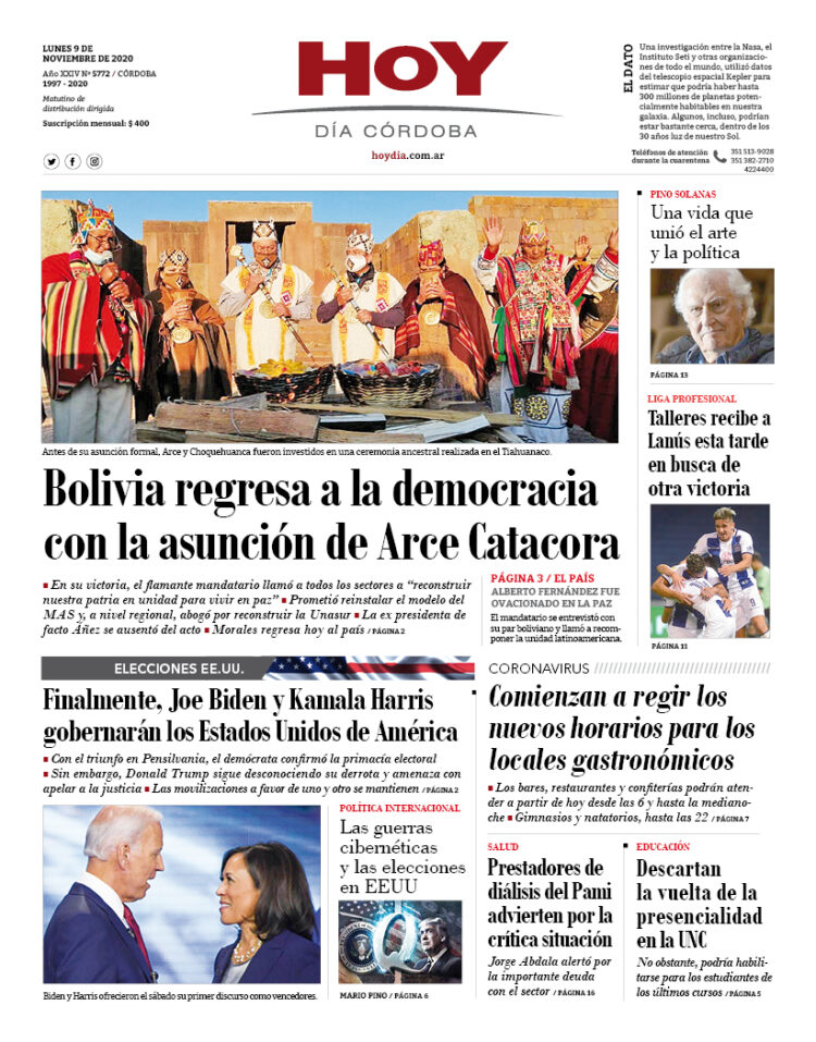 La tapa del lunes 9 de noviembre de 2020