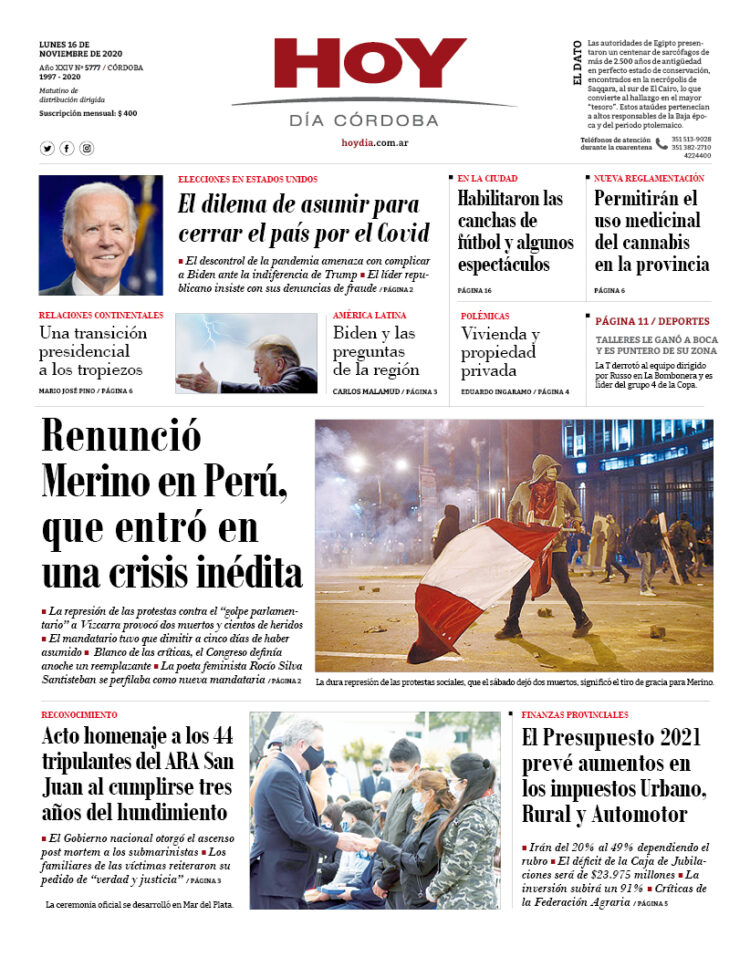 La tapa del lunes 16 de noviembre de 2020