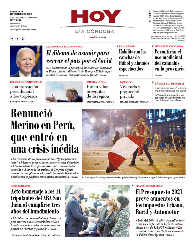 La tapa del lunes 16 de noviembre de 2020 La tapa del lunes 16 de noviembre de 2020