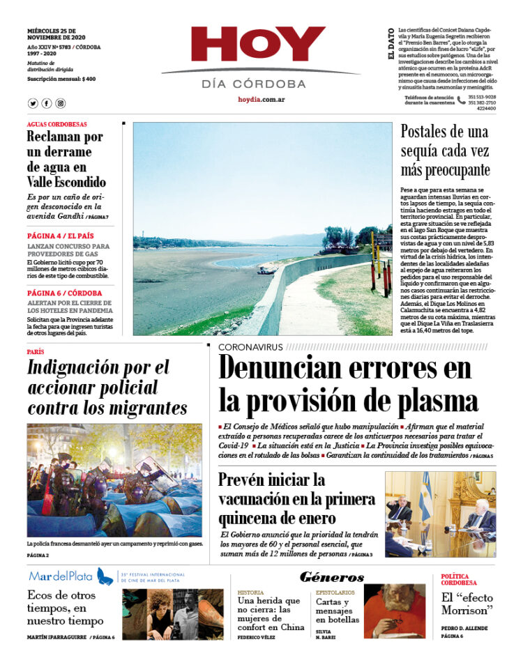 La tapa del miércoles 25 de noviembre de 2020