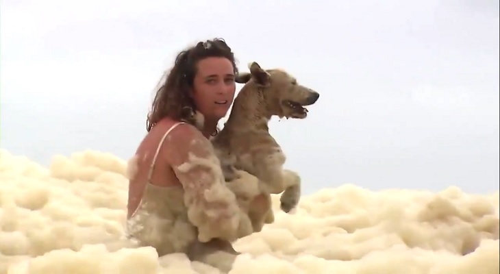 Rescató a su perro de un increíble mar de espuma de Australia