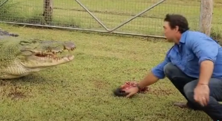 Un hombre se divirtió con un cocodrilo en un peligroso juego