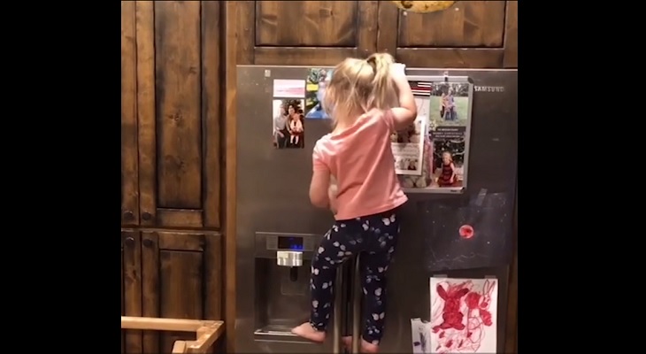 Viral: una "niña araña" trepó la heladera para servirse sus galletitas