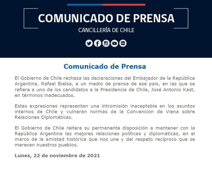Bielsa tildó a Kast de "pinochetista y antiargentino" y así le respondió el Gobierno chileno