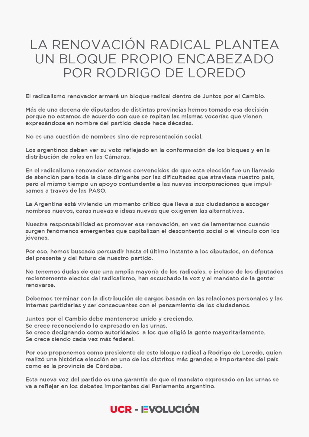Un nuevo bloque radical será liderado por De Loredo en Diputados