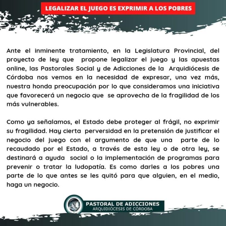 Fuerte rechazo de la Pastoral Social de Córdoba a la legalización del juego online