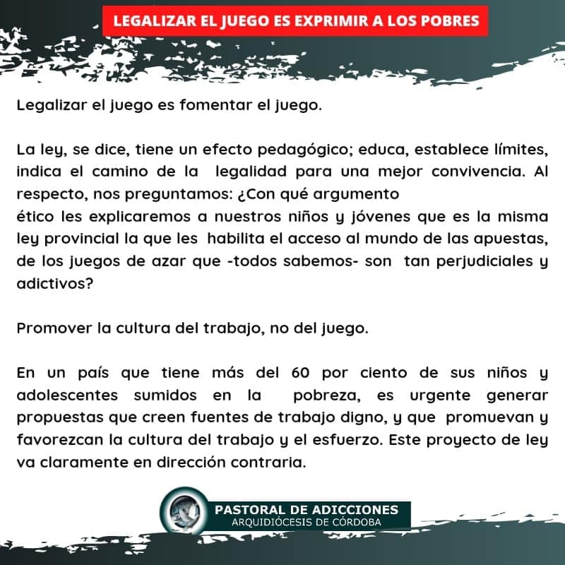 Fuerte rechazo de la Pastoral Social de Córdoba a la legalización del juego online