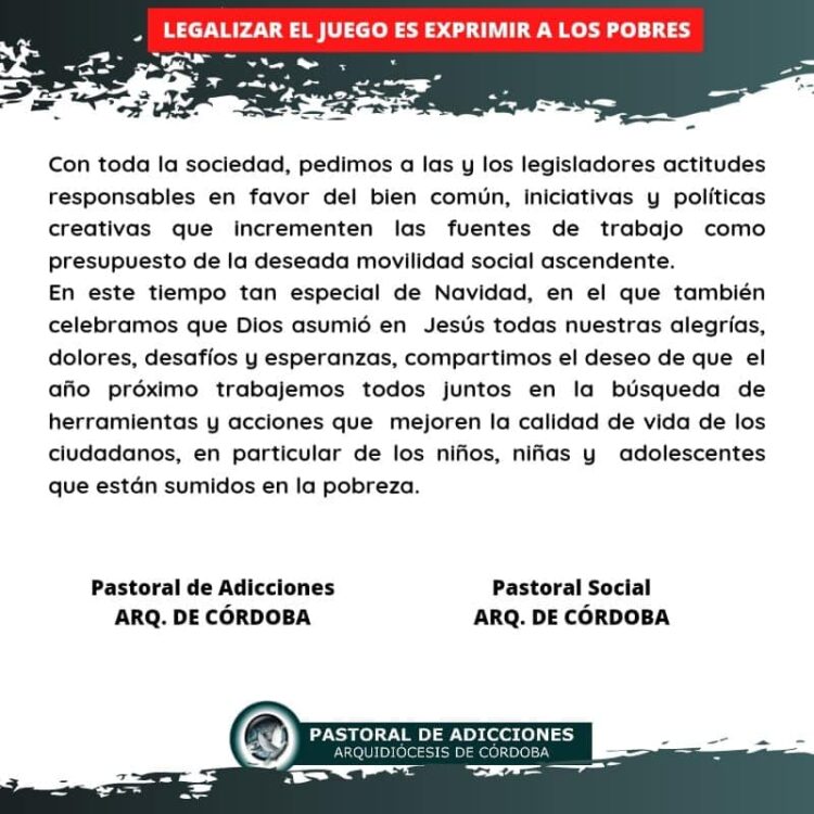 Fuerte rechazo de la Pastoral Social de Córdoba a la legalización del juego online
