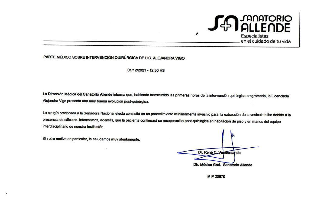 Tras ser intervenida por cálculos en la vesícula biliar, la diputada Vigo evoluciona favorablemente