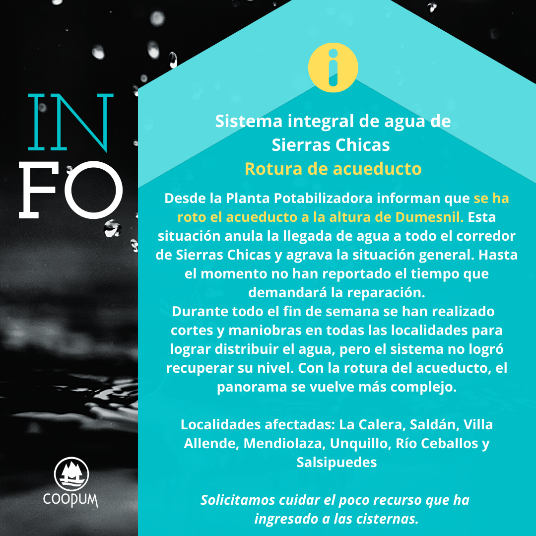 Alerta roja en el sistema de aguas de Sierras Chicas tras la rotura de un acueducto