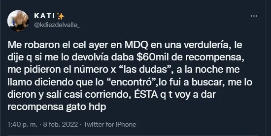 Le robaron el celular, ofreció $ 60.000 de recompensa y lo recuperó de una forma increíble