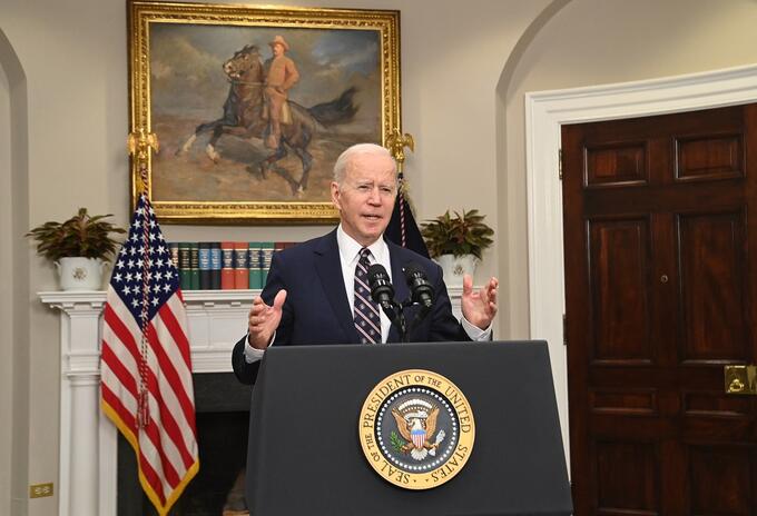 US President Joe Biden speaks about the counterterrorism operation in Syria from the Roosevelt Room of the White House in Washington, DC, on February 3, 2022. - Biden said Thursday the death of the Islamic State leader in a US raid in Syria "removed a major terrorist threat." "The United States military forces successfully removed a major terrorist threat to the world, the global leader of ISIS," Abu Ibrahim al-Hashimi al-Qurashi, Biden said at a press conference on the overnight raid. (Photo by SAUL LOEB / AFP)