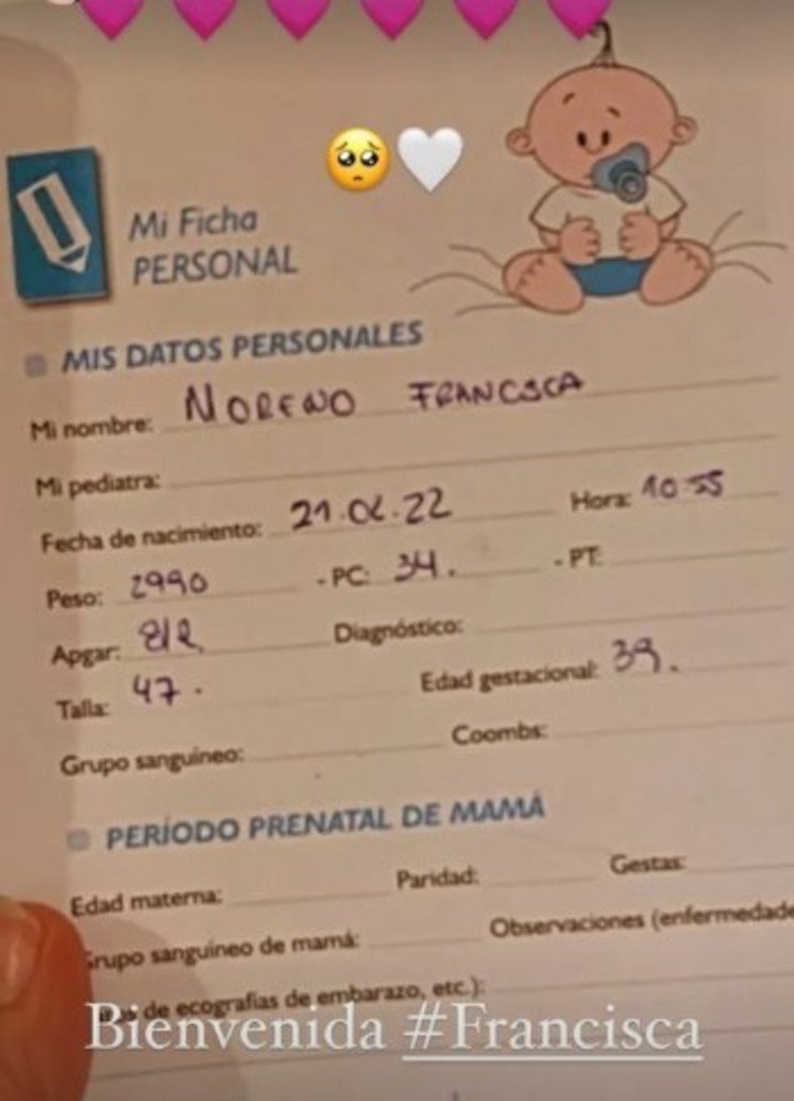 Nació “Francisca”, la segunda hija de Rocío Moreno y Paulo Londra