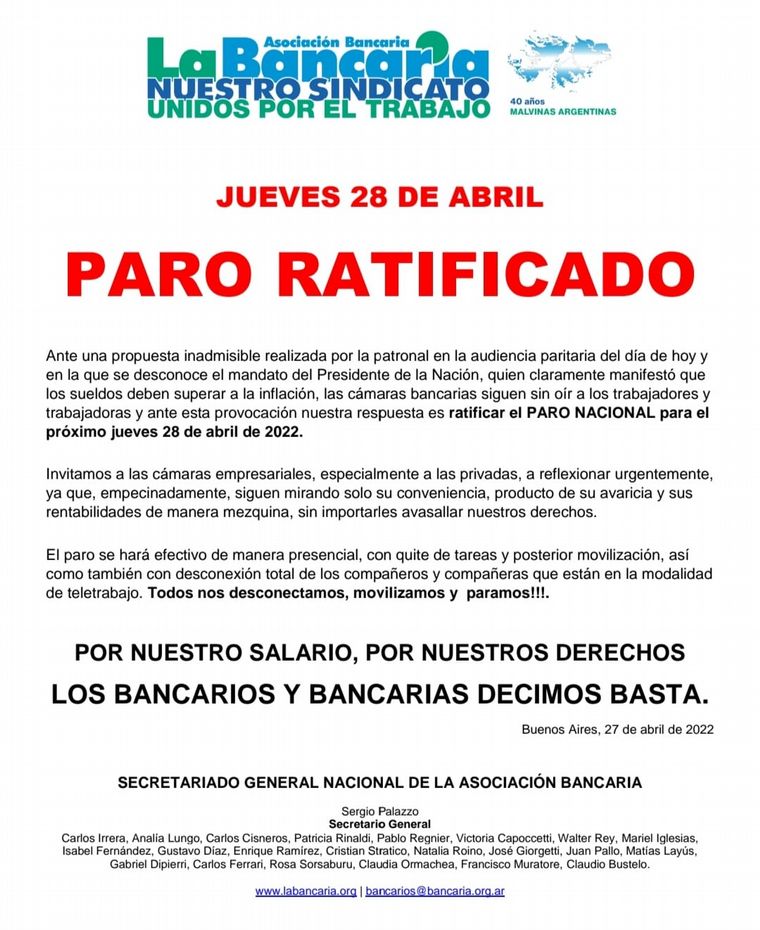 Este jueves no habrá atención al público en los bancos de Córdoba y el país