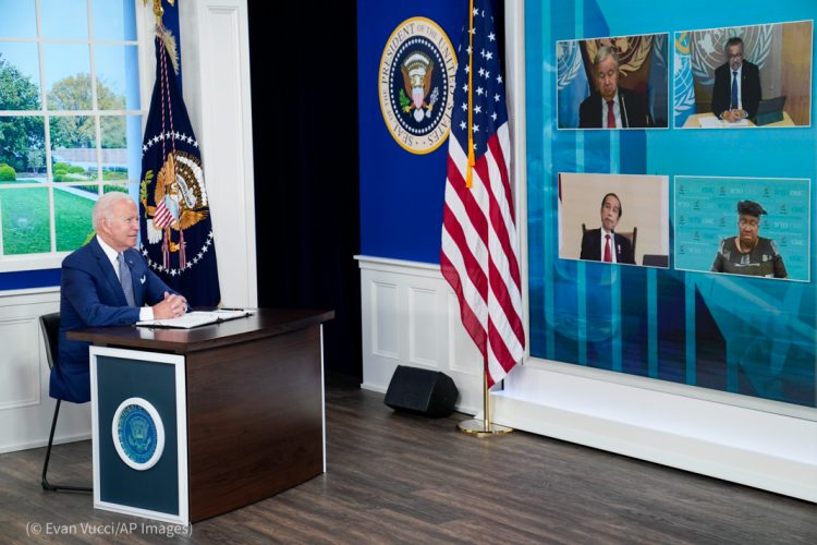 President Joe Biden speaks during a virtual COVID-19 summit during the 76th Session of the United Nations General Assembly, in the South Court Auditorium on the White House campus, Wednesday, Sept. 22, 2021, in Washington. (© Evan Vucci/AP Images)