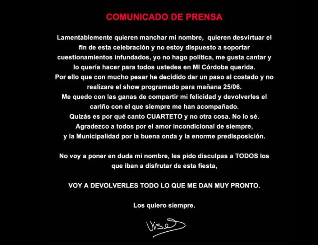 Tras la polémica, Ulises Bueno canceló el show de su cumpleaños: “Quieren manchar mi nombre”