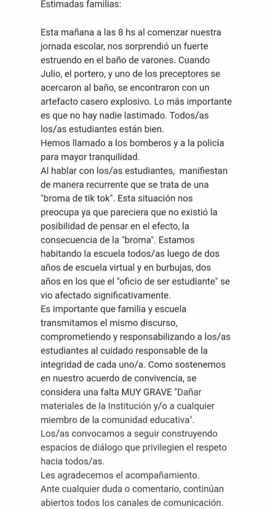 Por un desafío de Tik Tok, provocaron una explosión en el colegio Zorrilla
