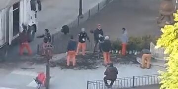 Siete obreros se viralizaron por el curioso método que usaron para bajar plantines de un camión en la Plaza Colón