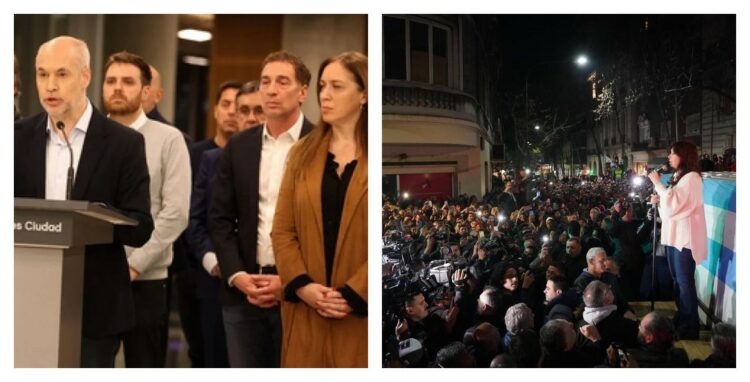 La plana mayor de JxC ofreció una conferencia de prensa tras los incidentes (izquierda). La Vicepresidenta salió a habarles a sus seguidores al anochecer (derecha).
