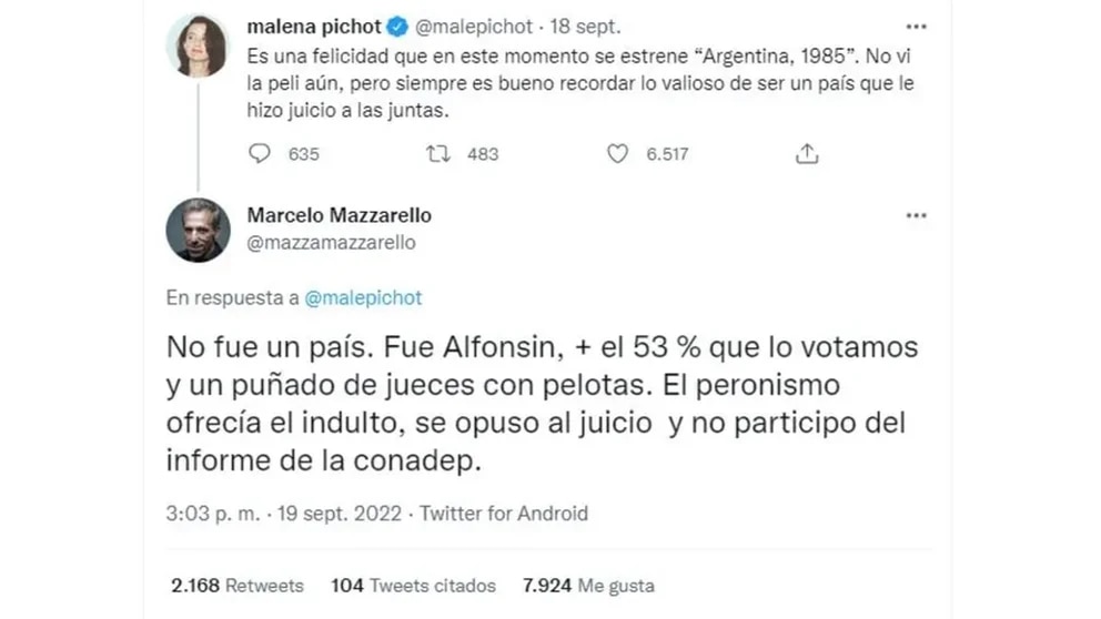 Malena Pichot y Marcelo Mazzarello se cruzaron por la película Argentina 1985: “Te corre odio en las venas”