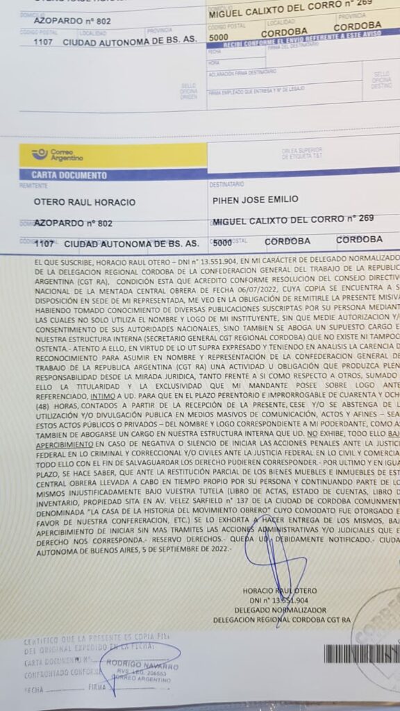 Intimaron a Pihen para que entregue la sede histórica de la CGT Regional Córdoba