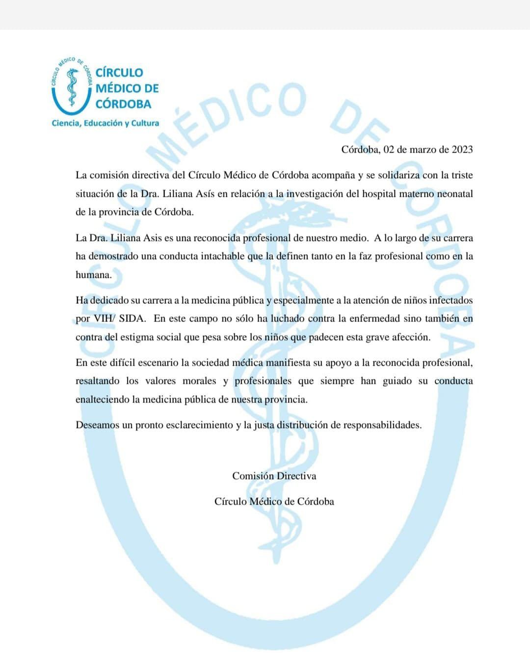 El Circulo Médico de Córdoba respaldó a Liliana Asís, detenida por la muerte de bebés