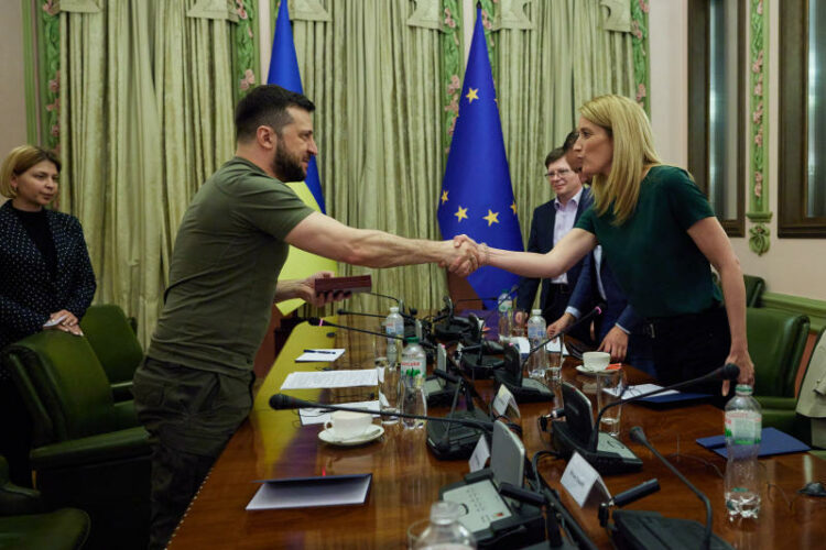 Handout photo made available by Ukrainian Presidency shows President of Ukraine Volodymyr Zelenskyy meets with President of the European Parliament Roberta Metsola in Kyiv, Ukraine on Friday April 1, 2022. Metsola, who was elected in January, is in Kyiv to show the EU's support for Ukraine, though further details on the Maltese parliamentarian's trip have been withheld due to security reasons, her spokesperson said. Photo by Ukrainian Presidency via ABACAPRESS.COM
