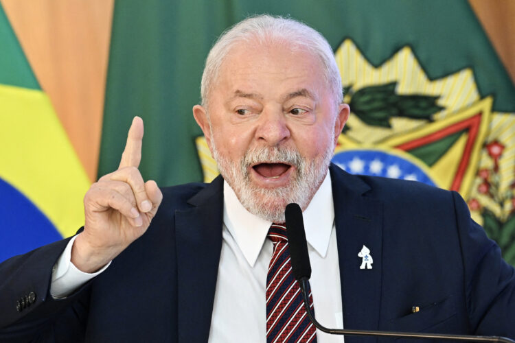 Brazilian President Luiz Inacio Lula da Silva speaks during a ministerial meeting to celebrate the first 100 days of his government at the Planalto Palace in Brasilia on April 10, 2023. (Photo by EVARISTO SA / AFP)
