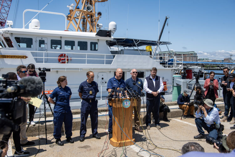 US Coast Guard (USCG) Captain Jamie Frederick speaks to reporters about the search efforts for the Titan submersible that went missing near the wreck of the Titanic, at Coast Guard Base in Boston, Massachusetts, on June 21, 2023. The USCG said Wednesday it had not identified the source of underwater noises detected by sonar in the search for the missing submersible. "We don't know what they are, to be frank with you," Frederick said regarding the sounds that had raised hopes the five people onboard are still alive. "We have to remain optimistic and hopeful when you're in a search and rescue case," he told reporters. (Photo by Joseph Prezioso / AFP)