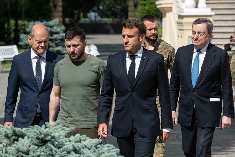 KYIV, UKRAINE - JUNE 16: Ukrainian President Volodymyr Zelensky, France's President Emmanuel Macron, German Chancellor Olaf Scholz and Italian Prime Minister Mario Draghi walk to the press conference area on June 16, 2022 in Kyiv, Ukraine. The leaders made their first visits to Ukraine since the country was invaded by Russia on February 24th. (Photo by Alexey Furman/Getty Images)